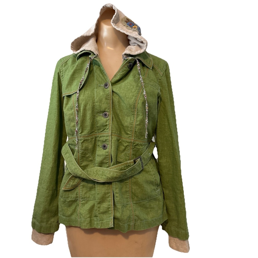Free people Women's Jacket Size 10 Green Linen Cotton Belted Detachable Hoodie